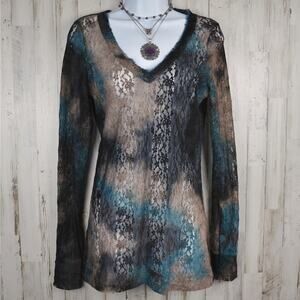 BKE Y2K Sheer Lace Top Size MEDIUM Brown Teal Whimsigoth Fairy Grunge Boho Shirt